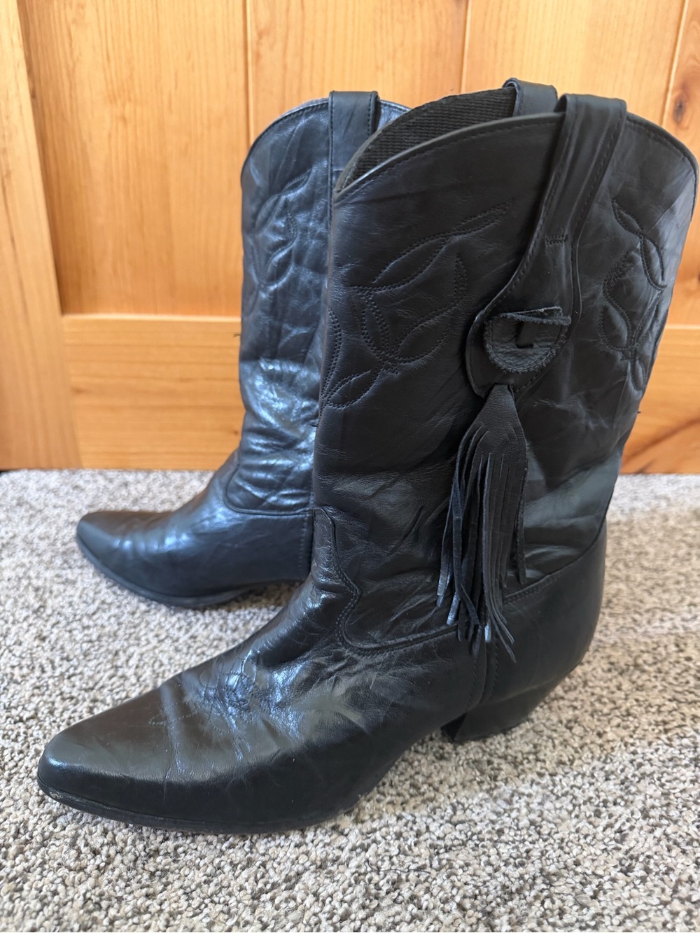 Vintage Laredo Black Leather Fringe Cowboy Boots 9.5 Western Boho Y2K
